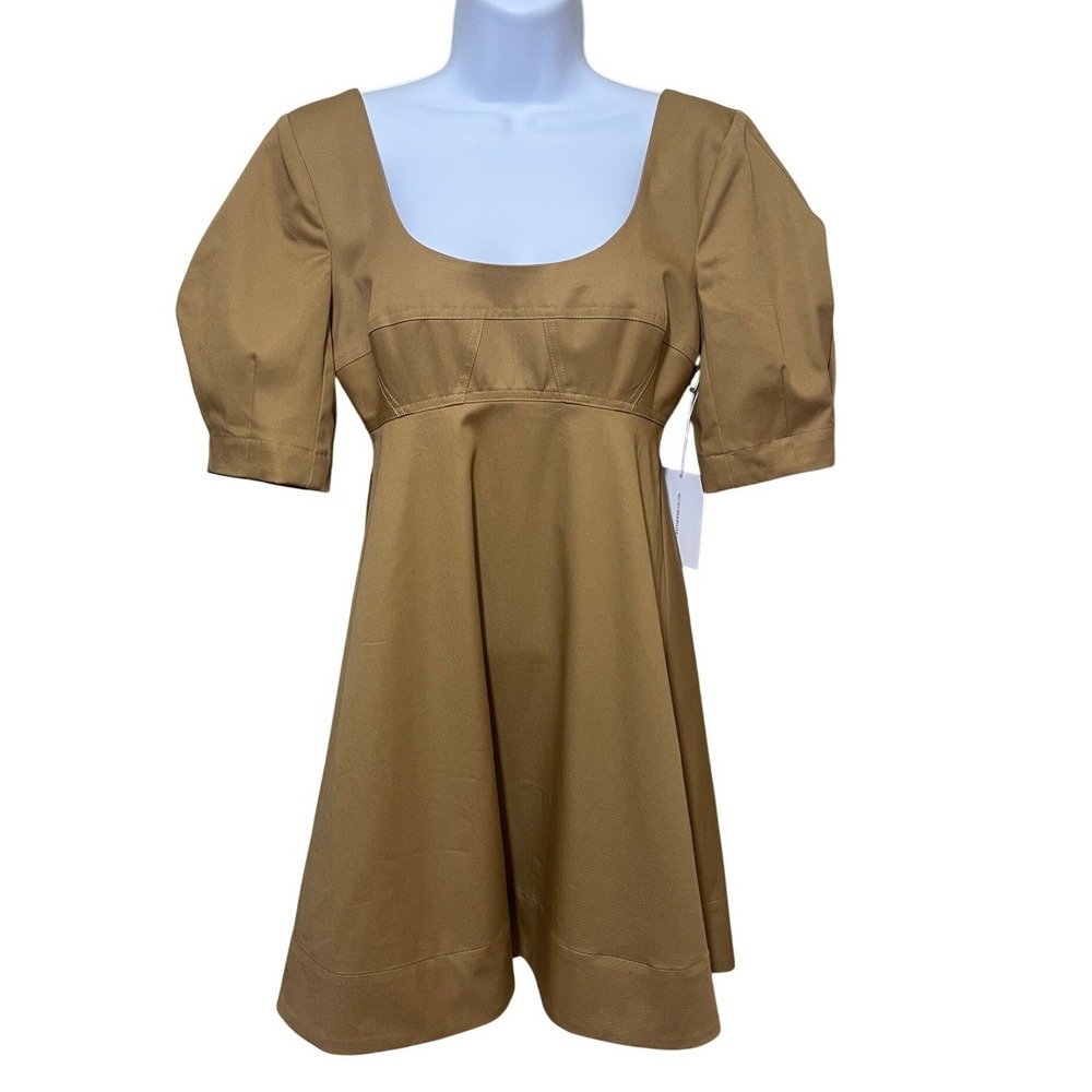 Matthew Bruch Camel Cotton Empire‎ Waist Puff Sleeve Mini Dress Size 1  XS NWT